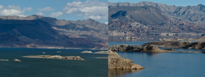 On the left, the Boulder Basin region of Lake Mead in 2012. On the right, the same area in 2015.